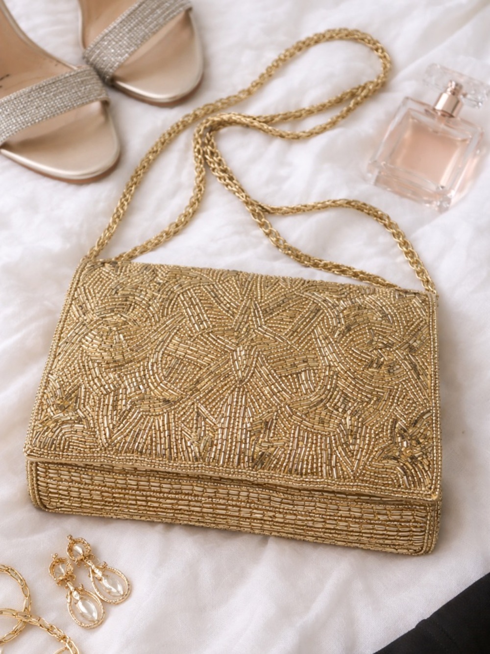 Vintage Gold Beaded Evening Bag Crossbody Wedding Party Clutch Glam